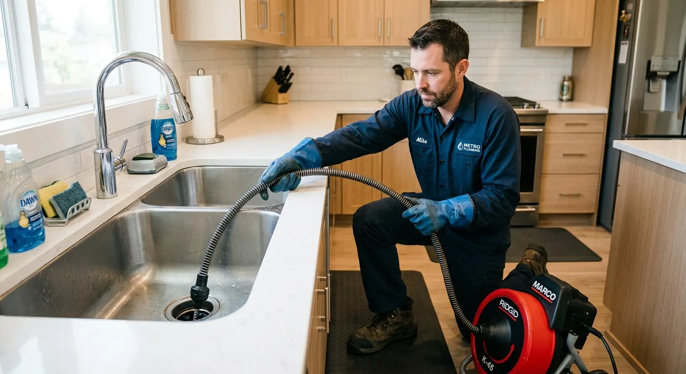 Drain cleaning technician using a motorized snake on a kitchen sink in Olivarez