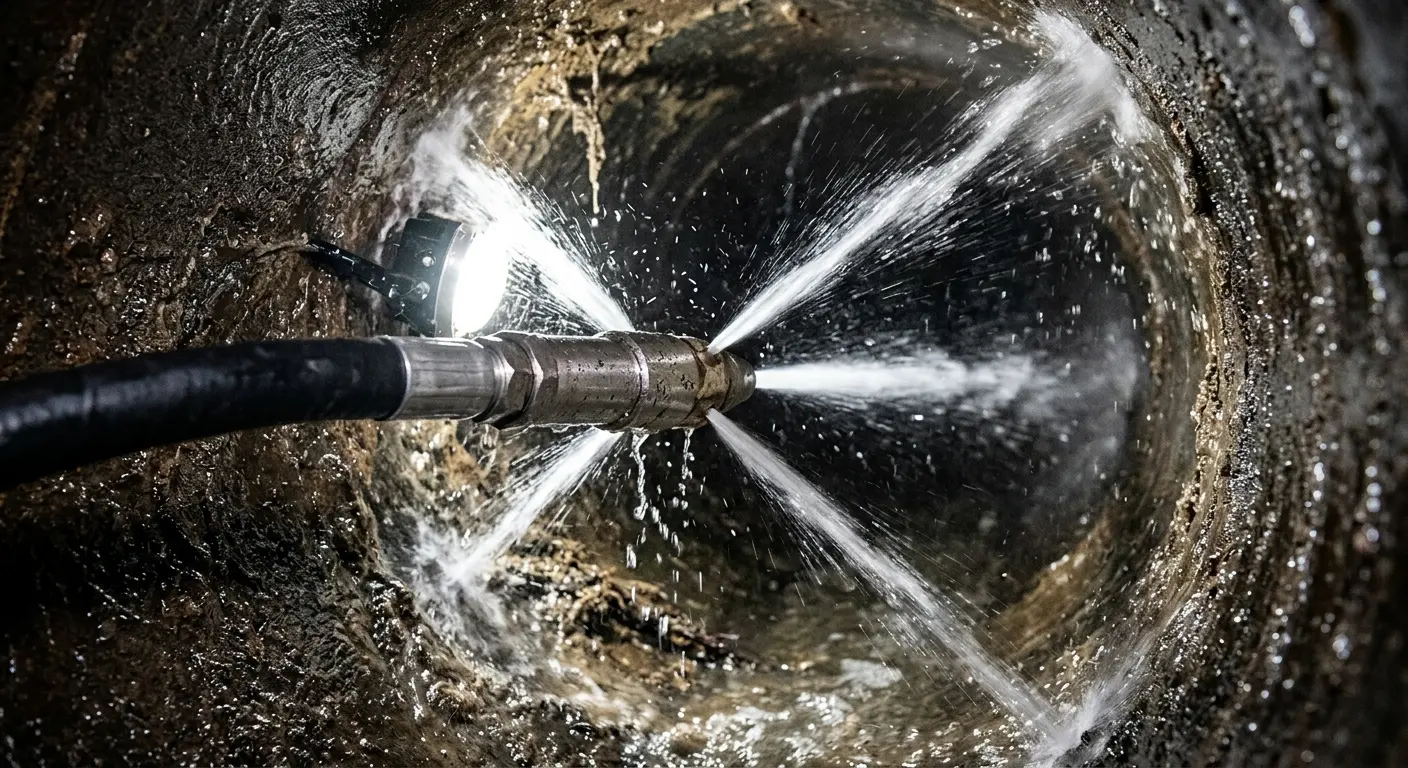 High-pressure hydro jetting nozzle cleaning sewer pipe for Trenchless Sewer Repair in Olivarez