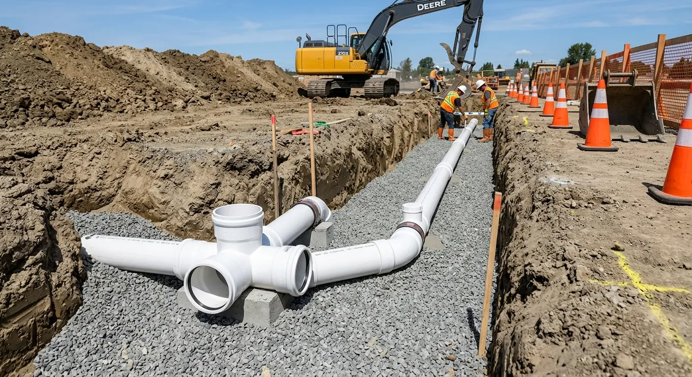 New PVC sewer pipe installation in open trench for Sewer Backup in Olivarez